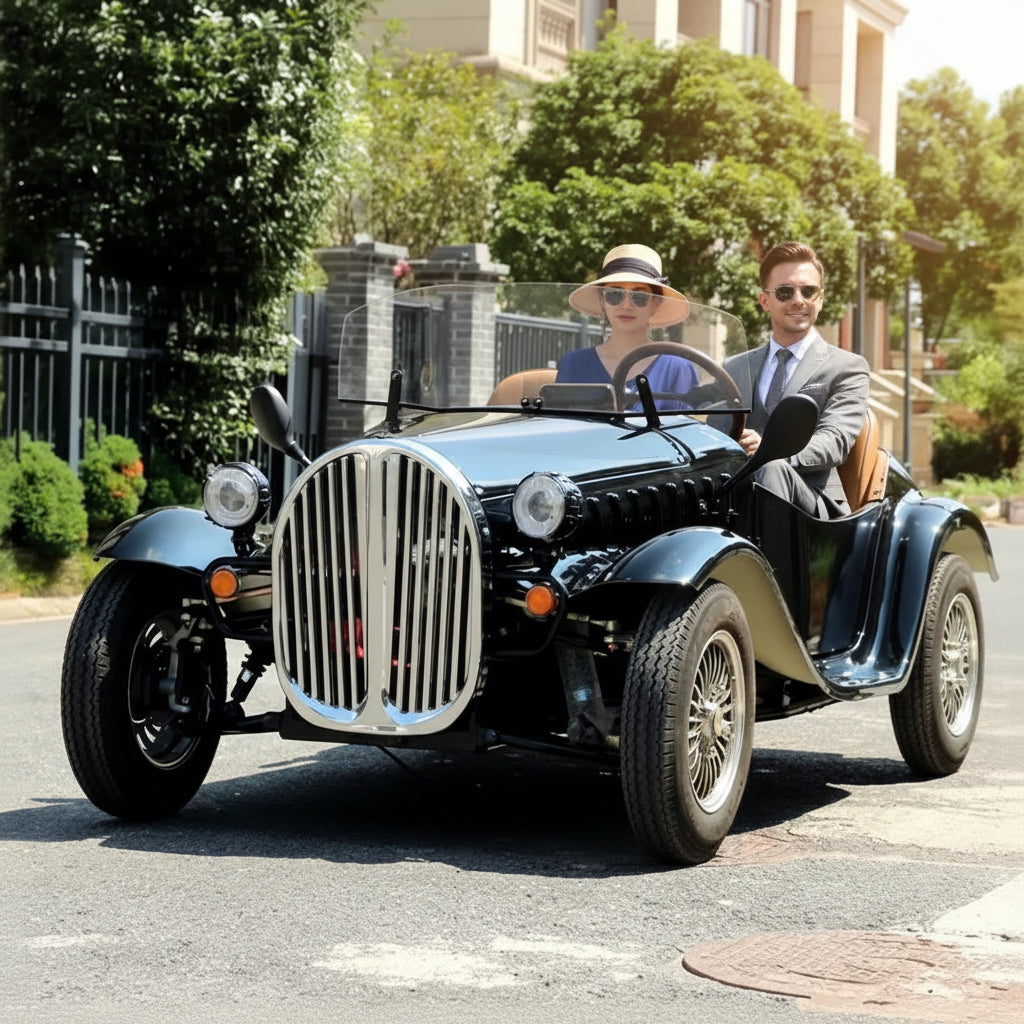 A couple drives a vintage car on a street
