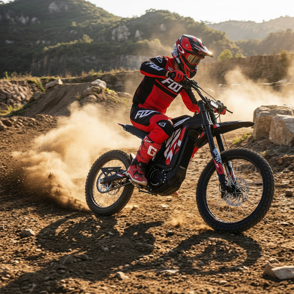 adult riding a electric dirt bike on a rocky trail 