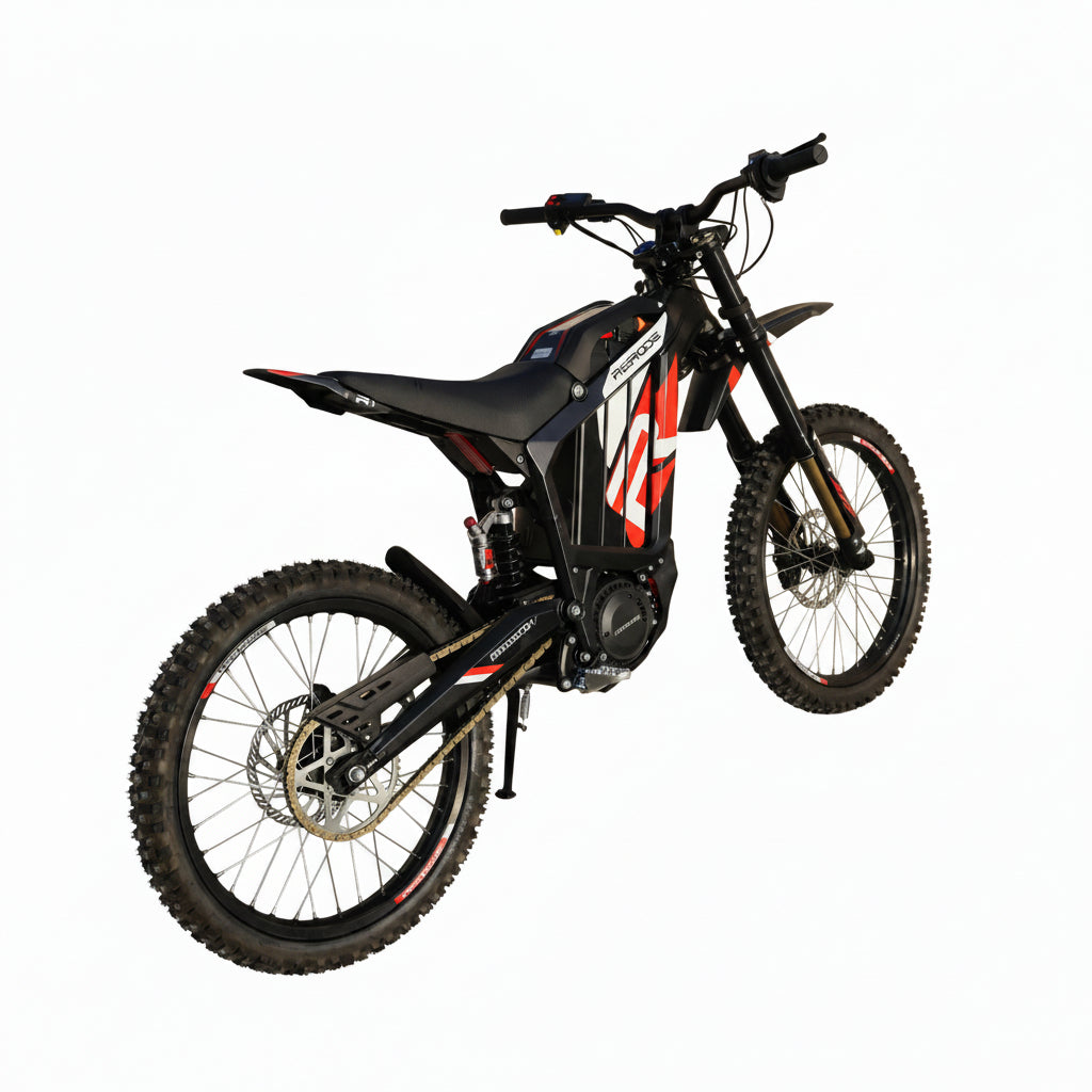 Side view of Black off-road electric Cross bike with red accents 