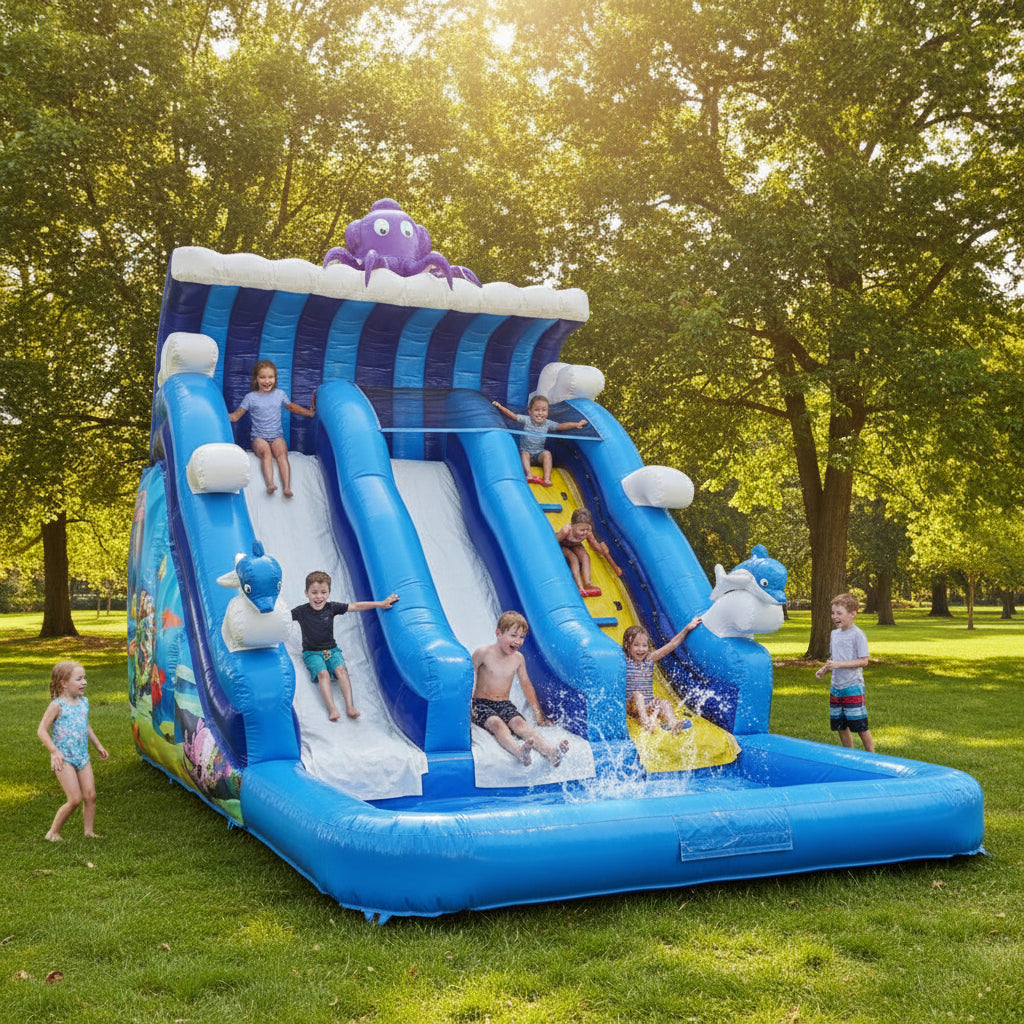 Octopus Theme Inflatable Water Slide with Splash Pool for Kids