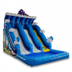 Inflatable water slide with ocean-themed design