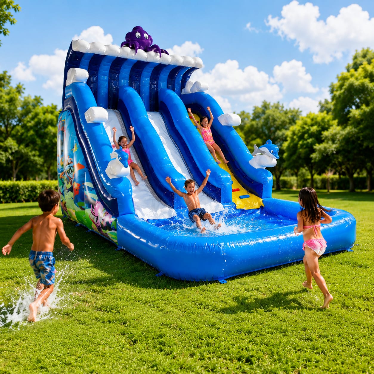 Children playing on an inflatable water slide in a park