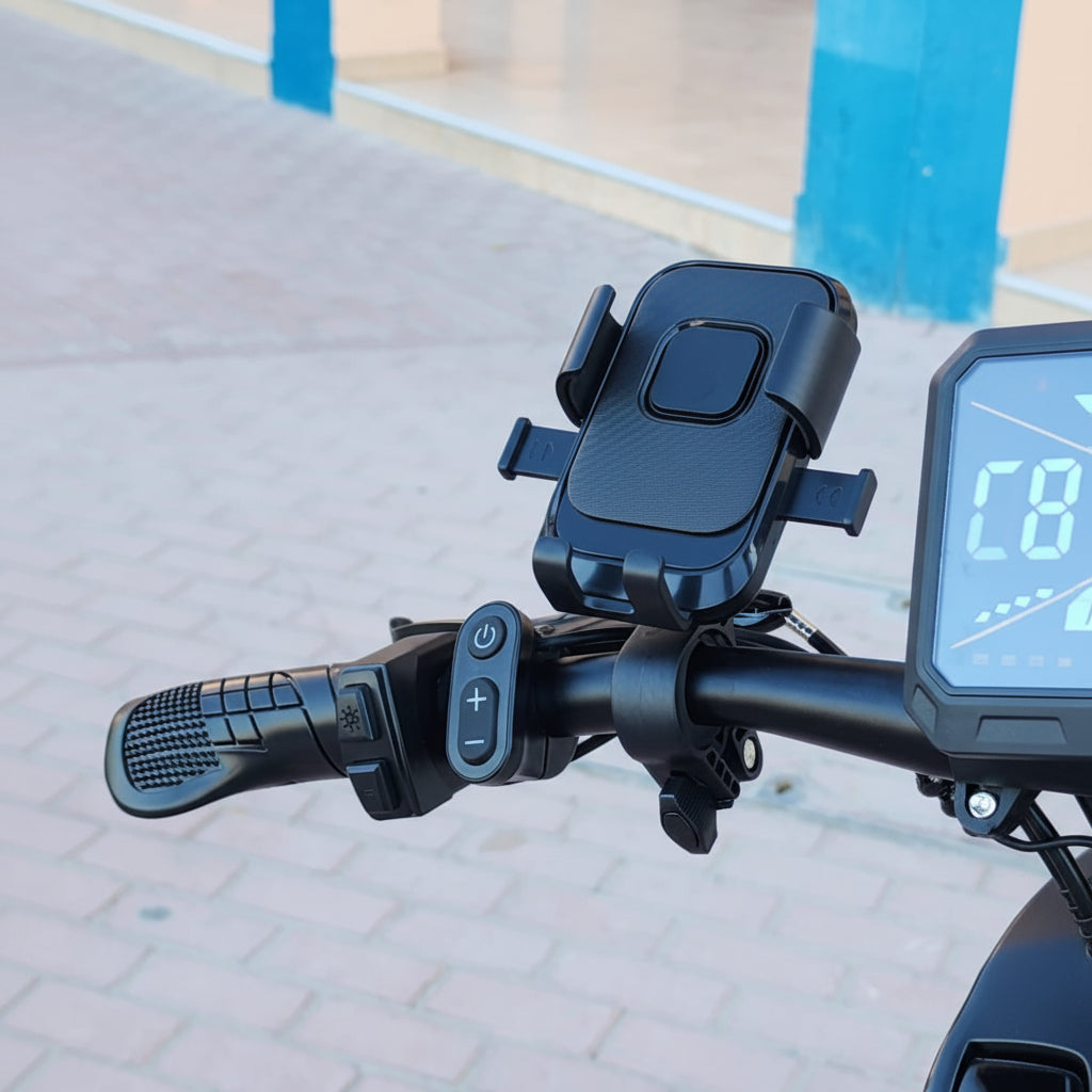 Phone holder attached to a bicycle handlebar on a sidewalk.
