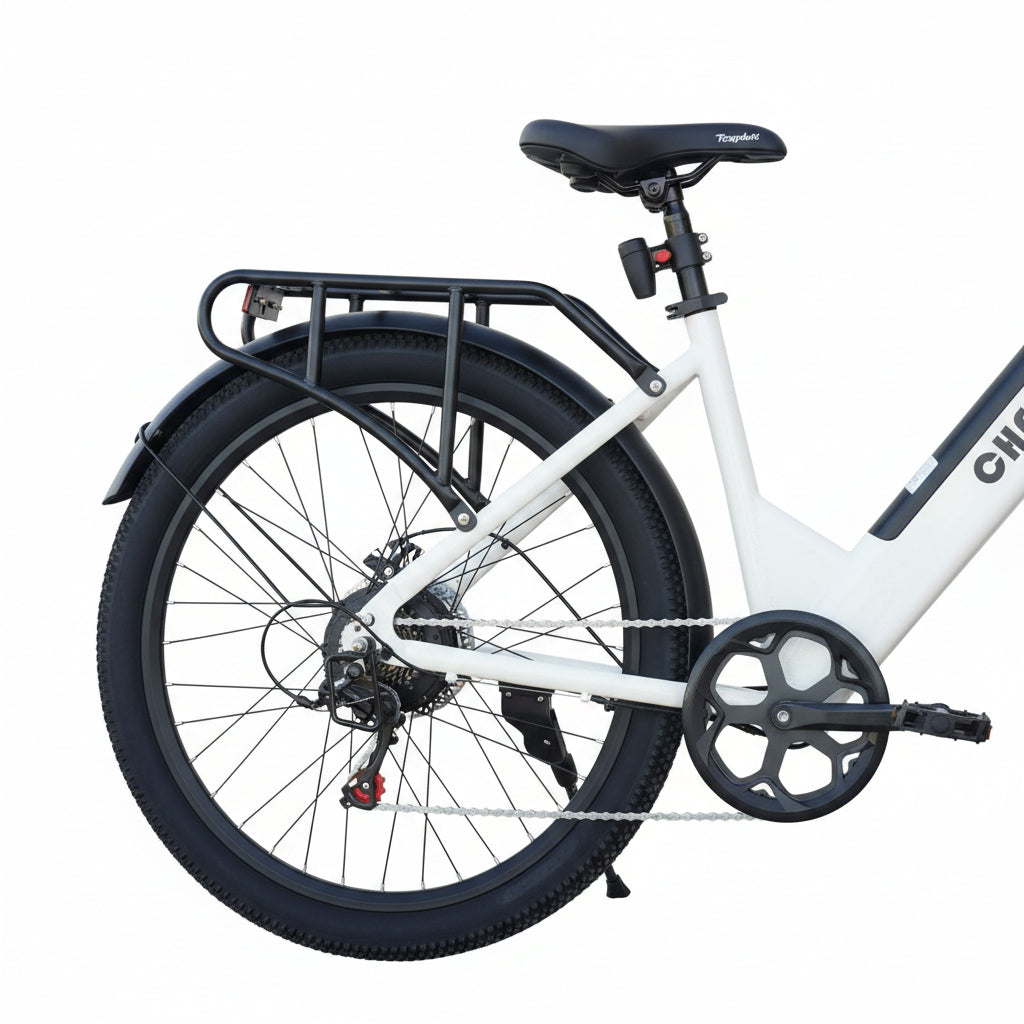 White electric bike with black wheels
