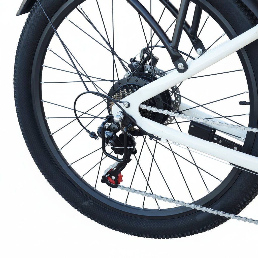 Close-up of a bicycle wheel on a paved surface