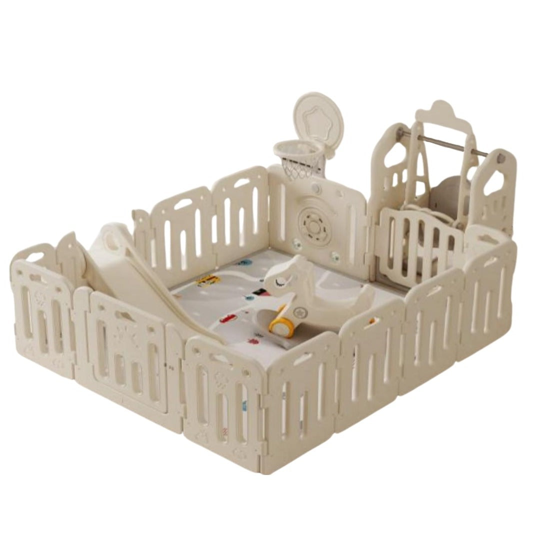 Beige playpen with various toys