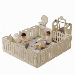 Children playing inside a beige playpen 