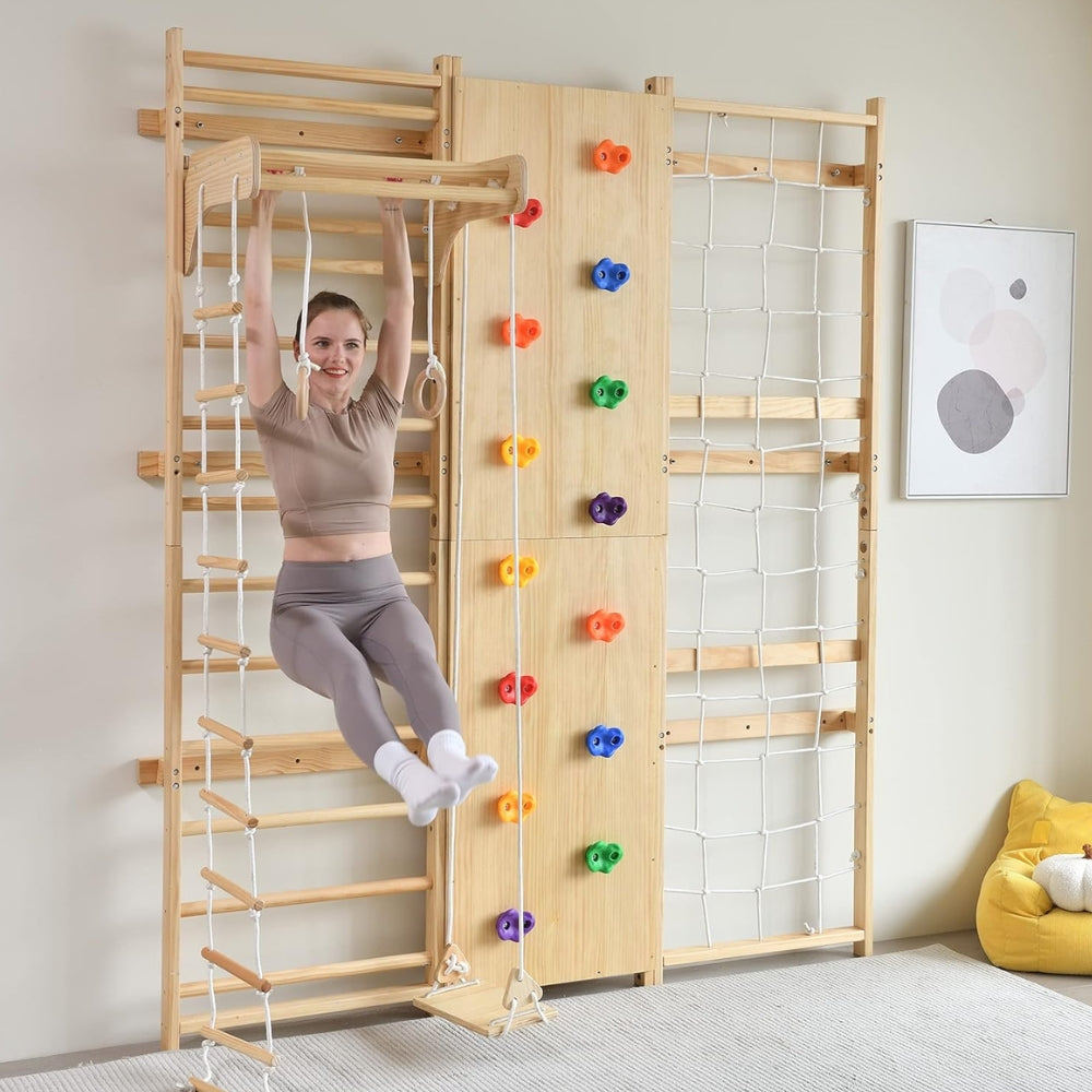 Woman exercising on a wooden indoor climbing frame with gym rings