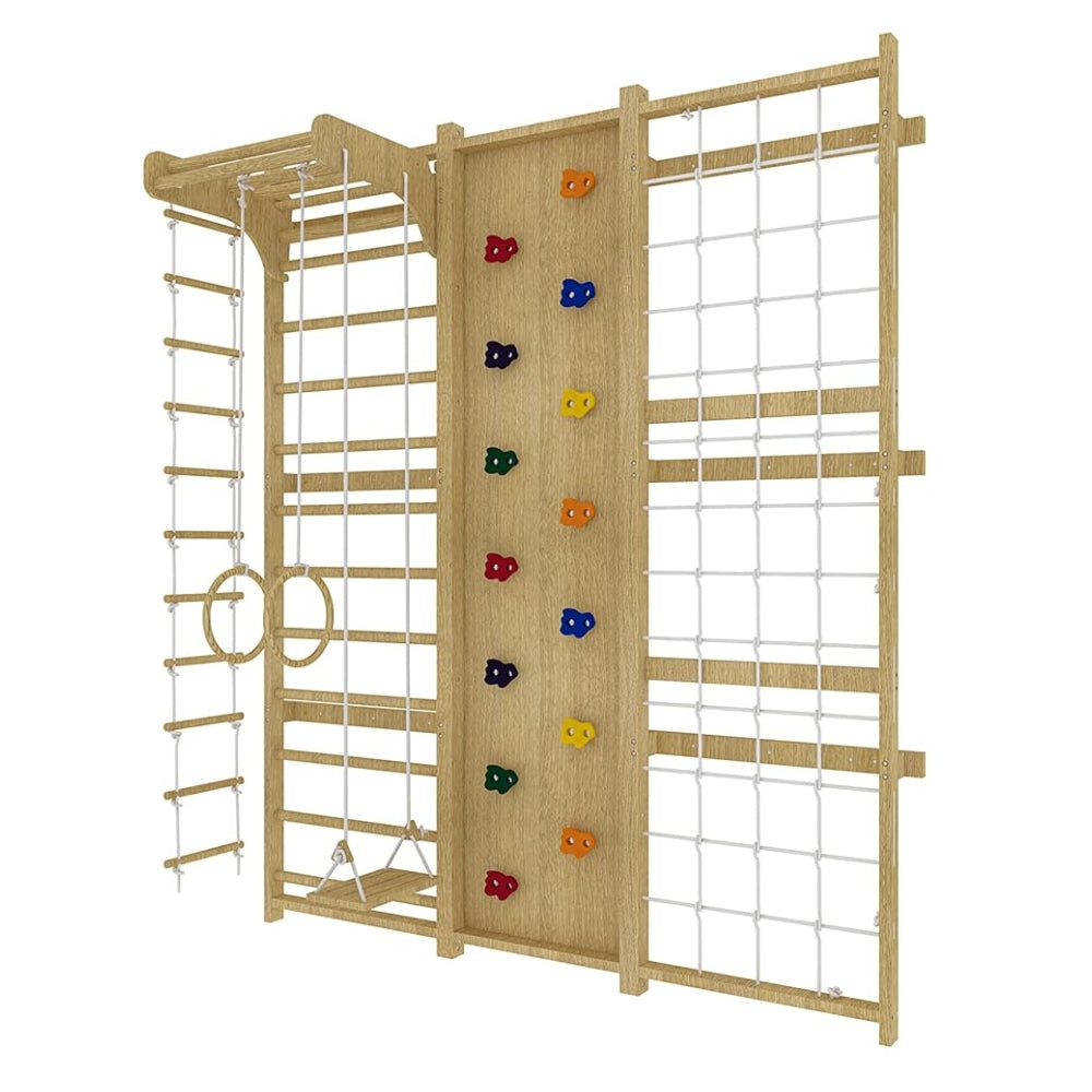 Children's play gym with climbing wall and swing