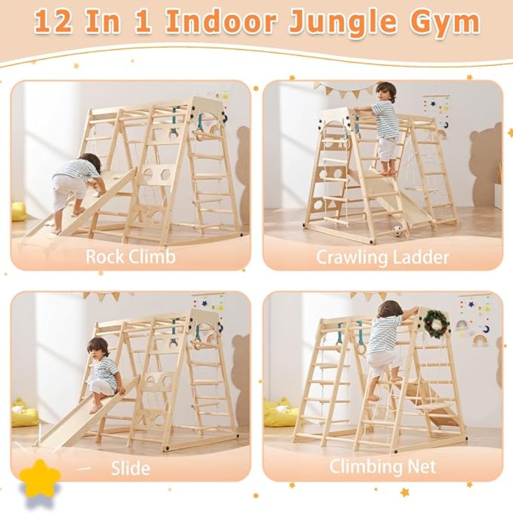 Children playing with a 12-in-1 indoor jungle gym that includes rock climb, crawling ladder, slide, and climbing net.
