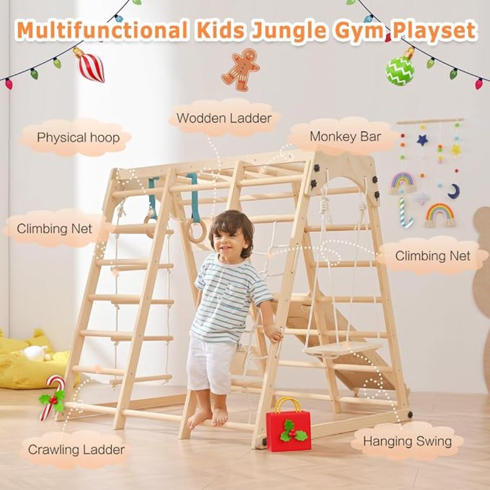 Child playing on a multifunctional kids jungle gym playset with labeled components.