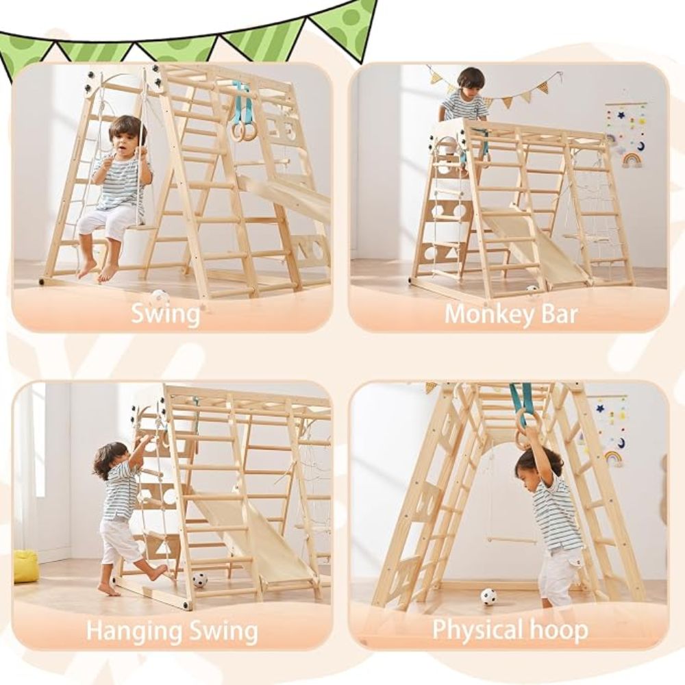 Children playing on a wooden climbing frame with various features labeled.