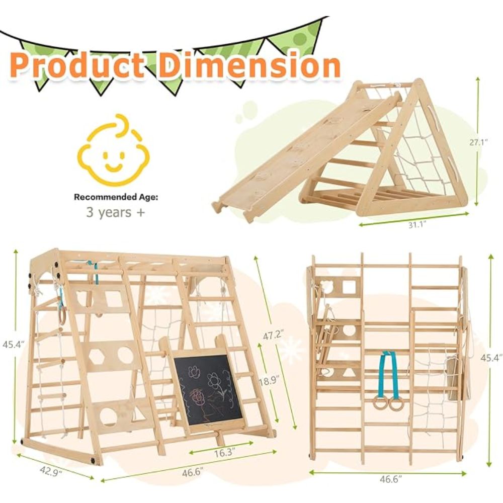 Wooden play structure with dimensions and recommended age