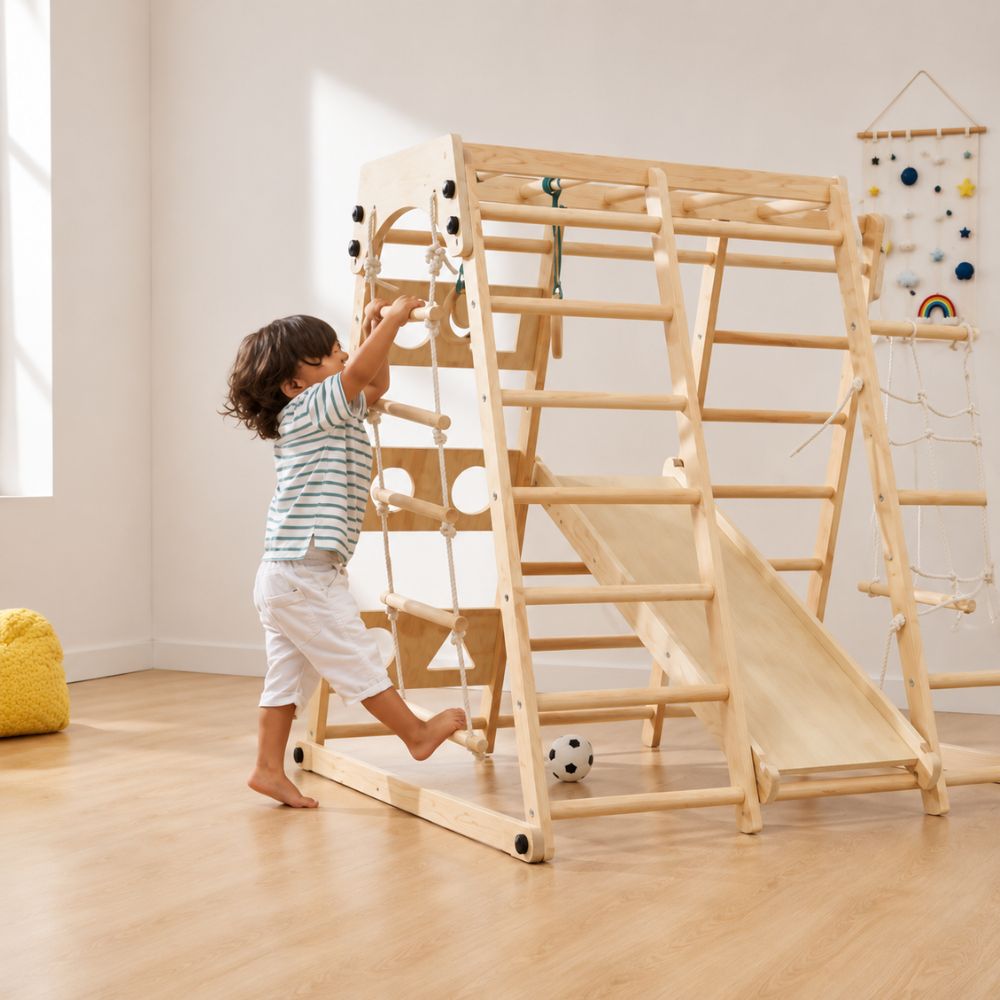 Child playing on a wooden climbing structure in a room