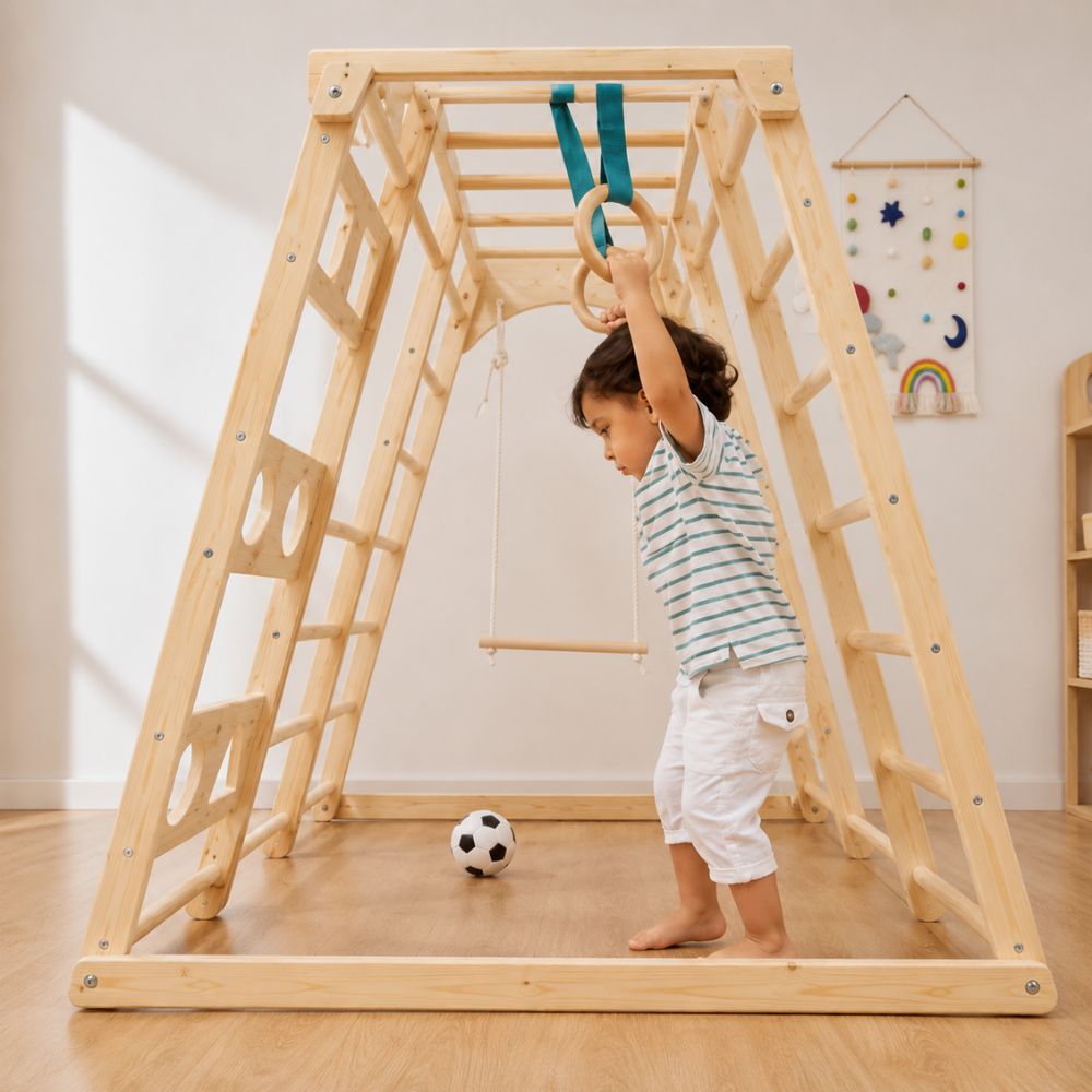 Child playing on a wooden climbing frame with rings in a room.
