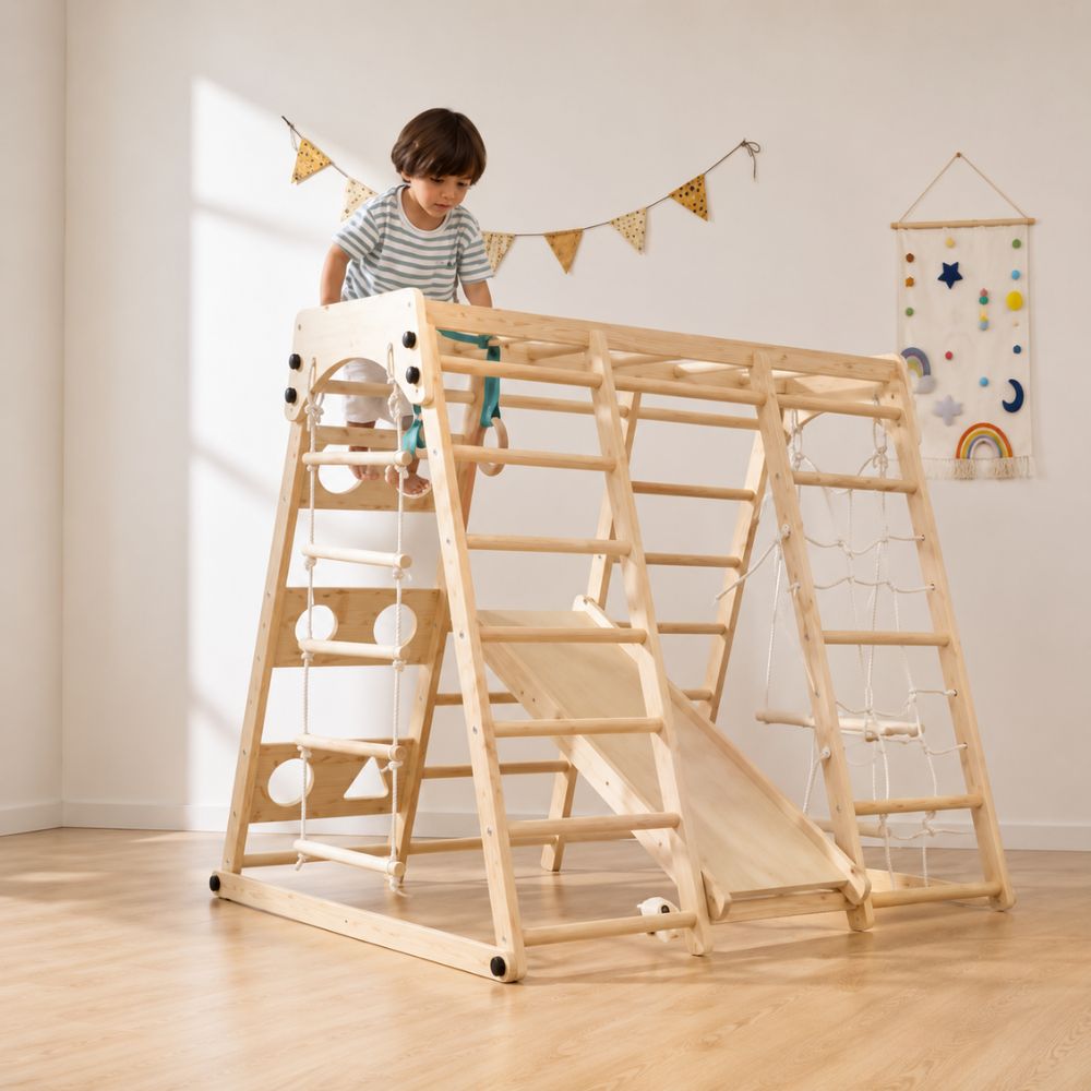 Child playing on a wooden climbing toy with a slide in a room.