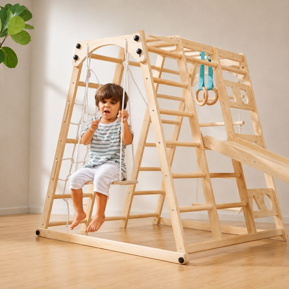 Child playing on a wooden play set with a swing and ladder.