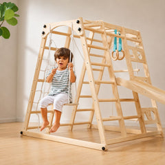 Child playing on a wooden play set with a swing and ladder.