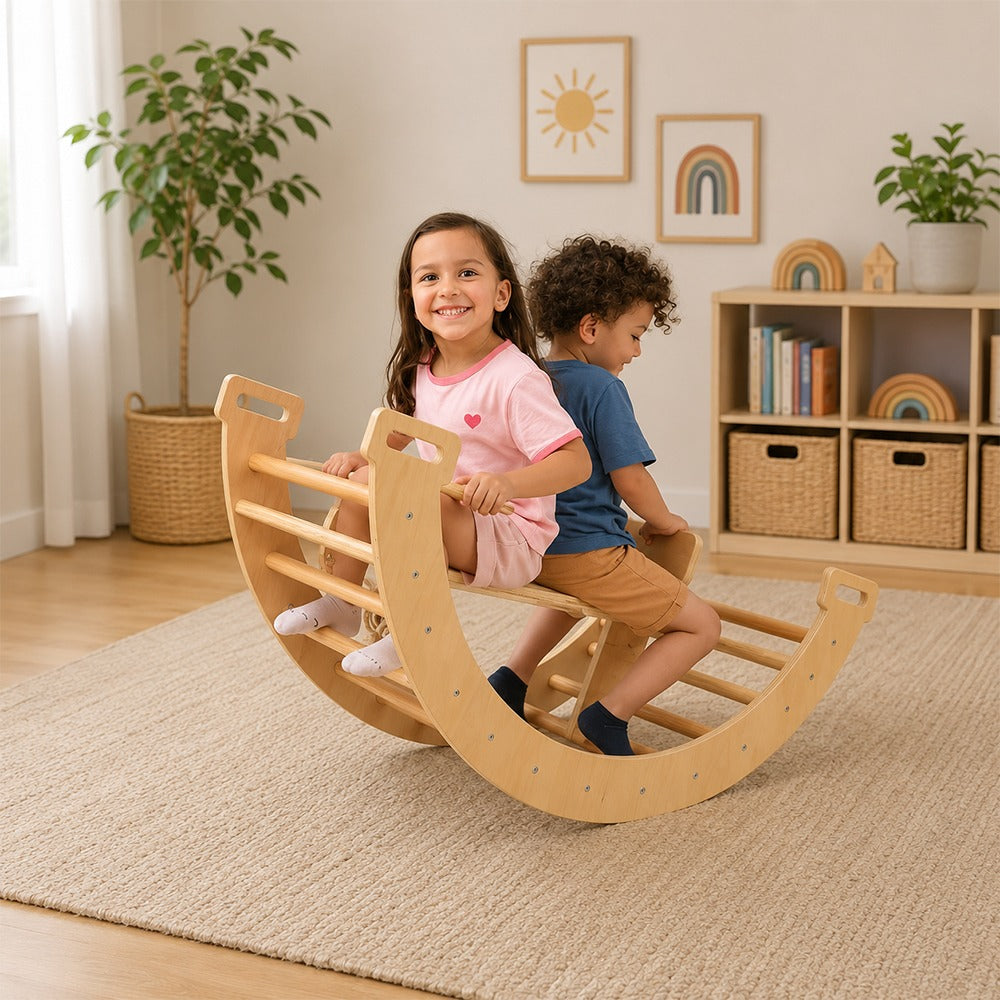 Two kids playing on a Customized wooden rocking toy