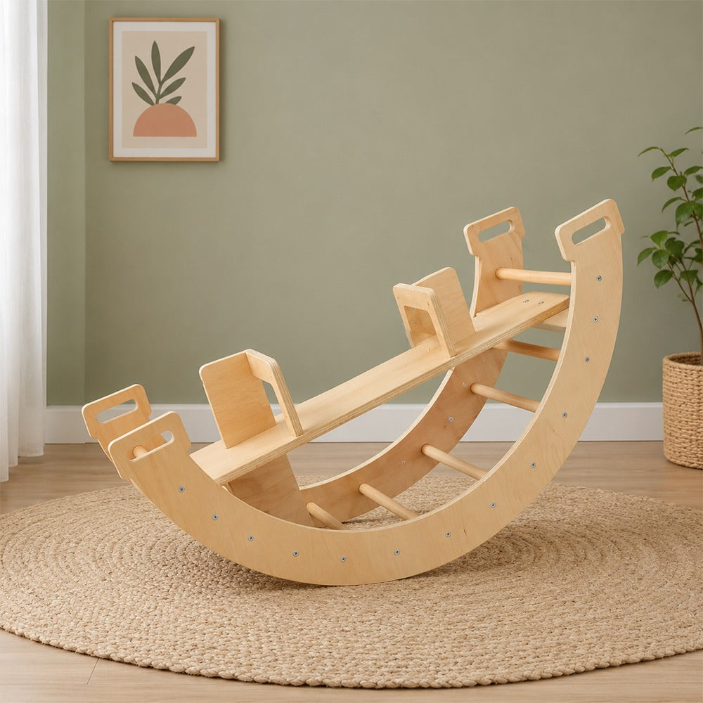 Customized Wooden rocking chair on a round woven rug 