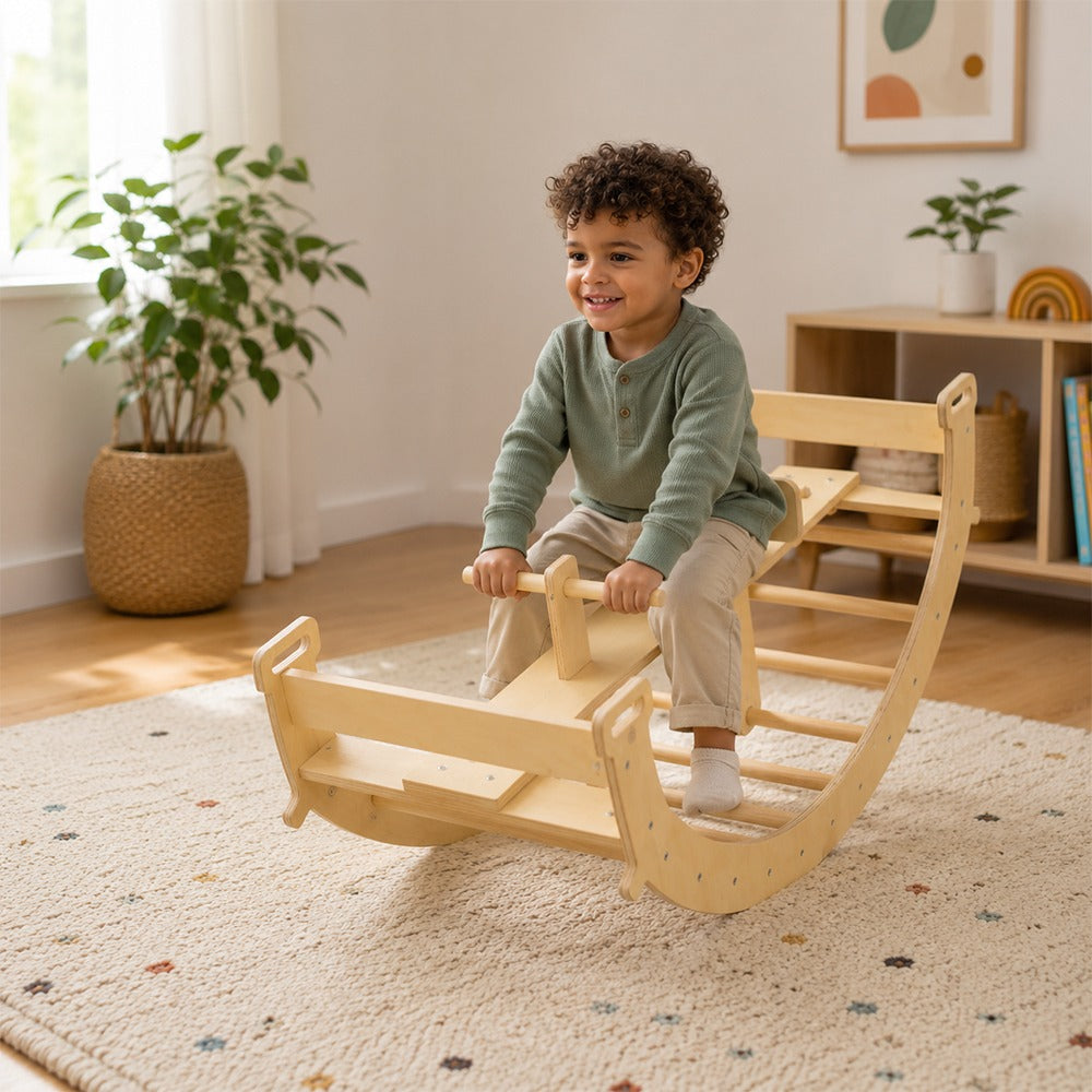 A kid enjoying a Customized wooden rocking toy 
