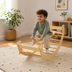 A kid enjoying a Customized wooden rocking toy 