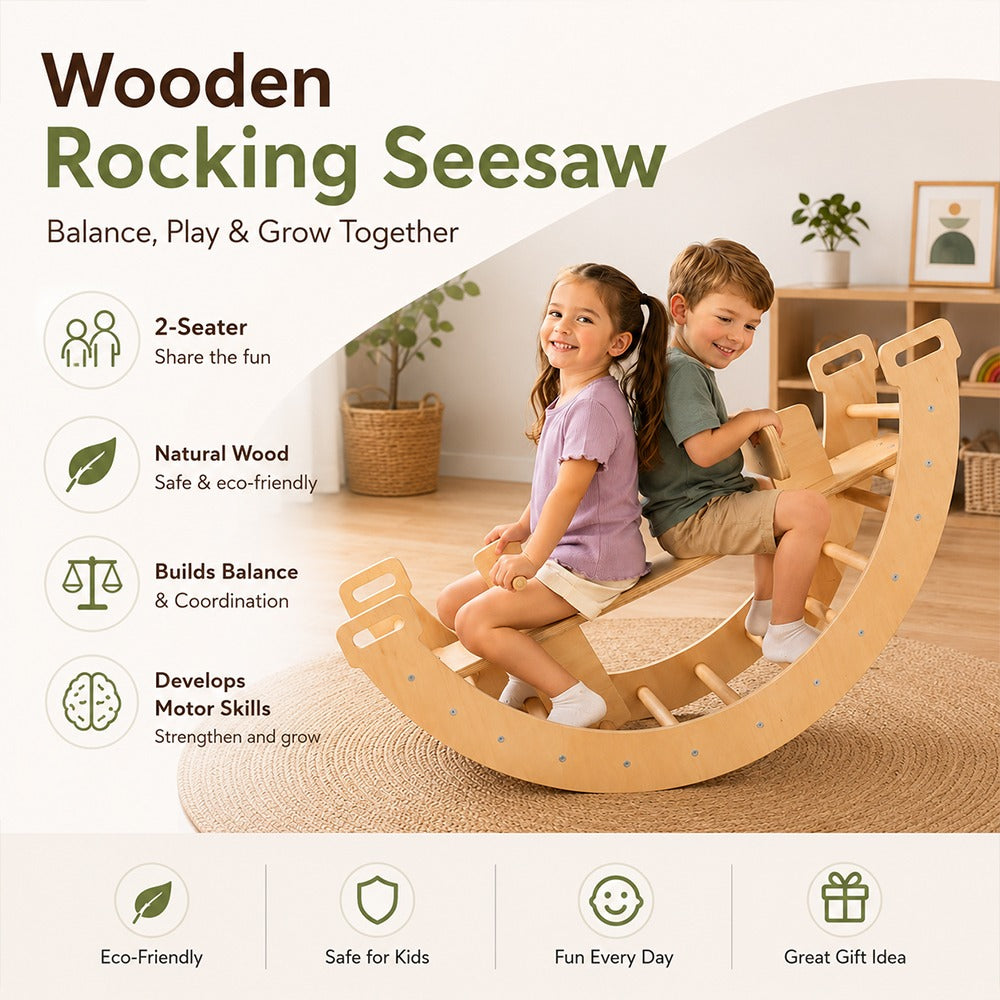 Customized Wooden rocking seesaw with two children sitting on it