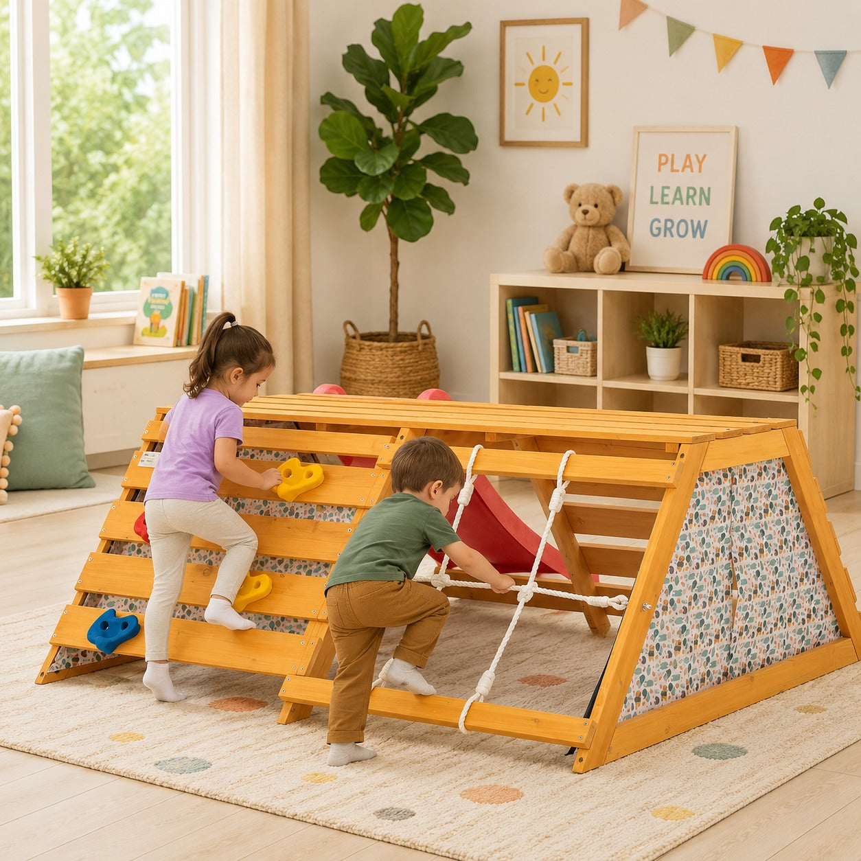 Kids playing on a wooden climbing structure
