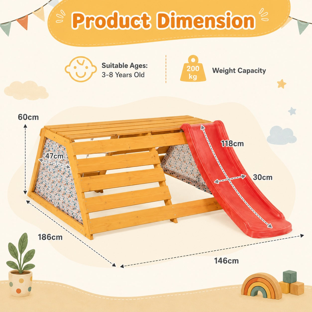 Kids playhouse structure with dimensions and product details 