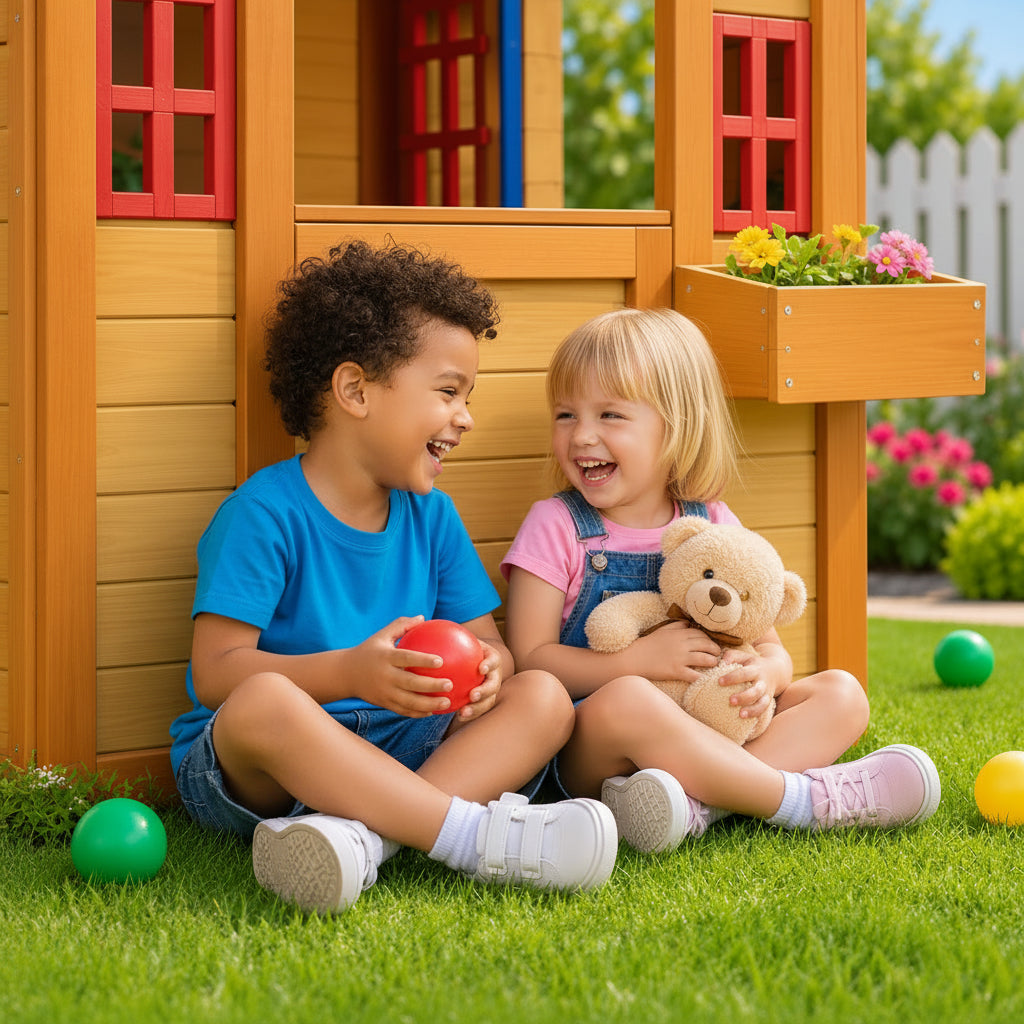 Two Kids are sitting in front of a wooden playhouse with toys