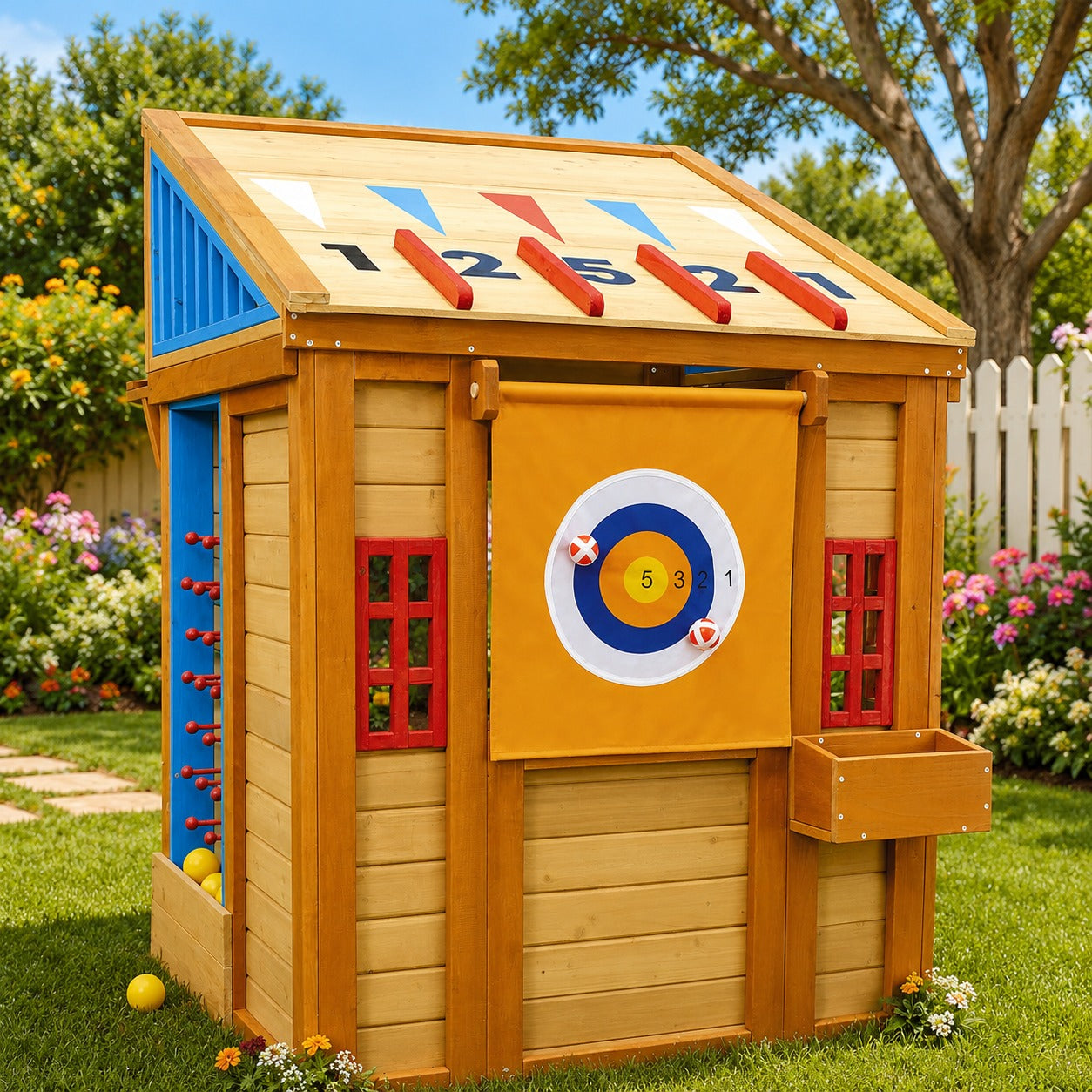 Wooden playhouse with colorful roof and target design