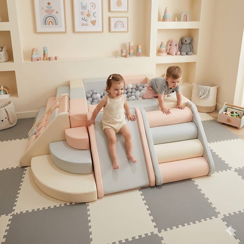 Pastel soft play set with slide, climbing steps, ball pit, and toddlers playing indoors.