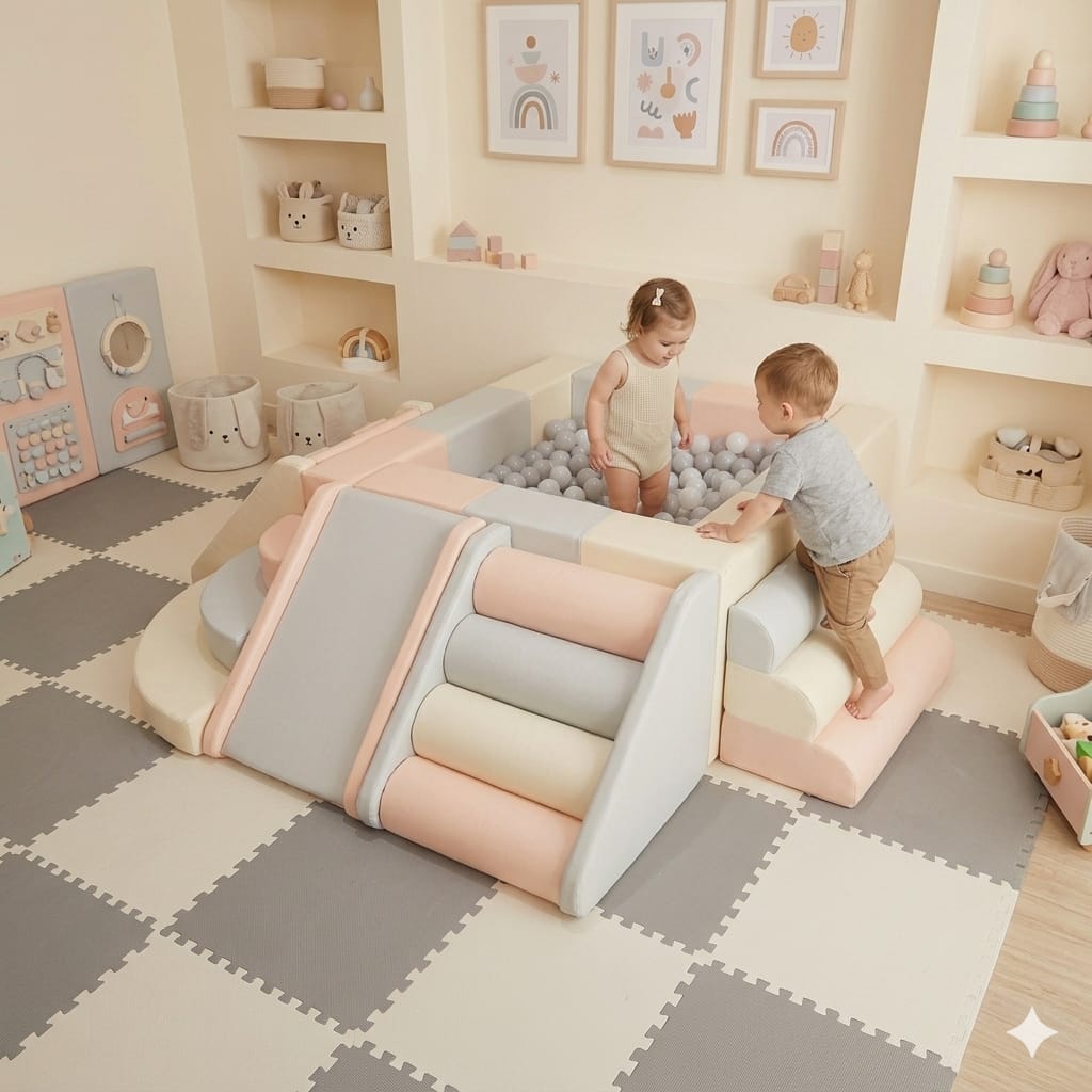 A Soft play Custom ball pit with two toddlers playing, a soft foam slide, and a climbing ramp. 