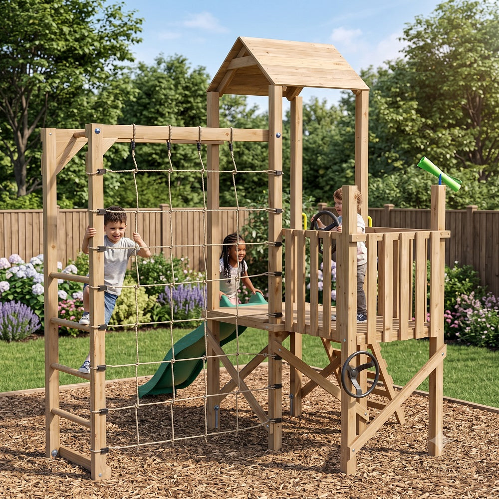 Kids playin on the Cedarquest  Wooden climbing playhouse with Slide and climbing ladder.