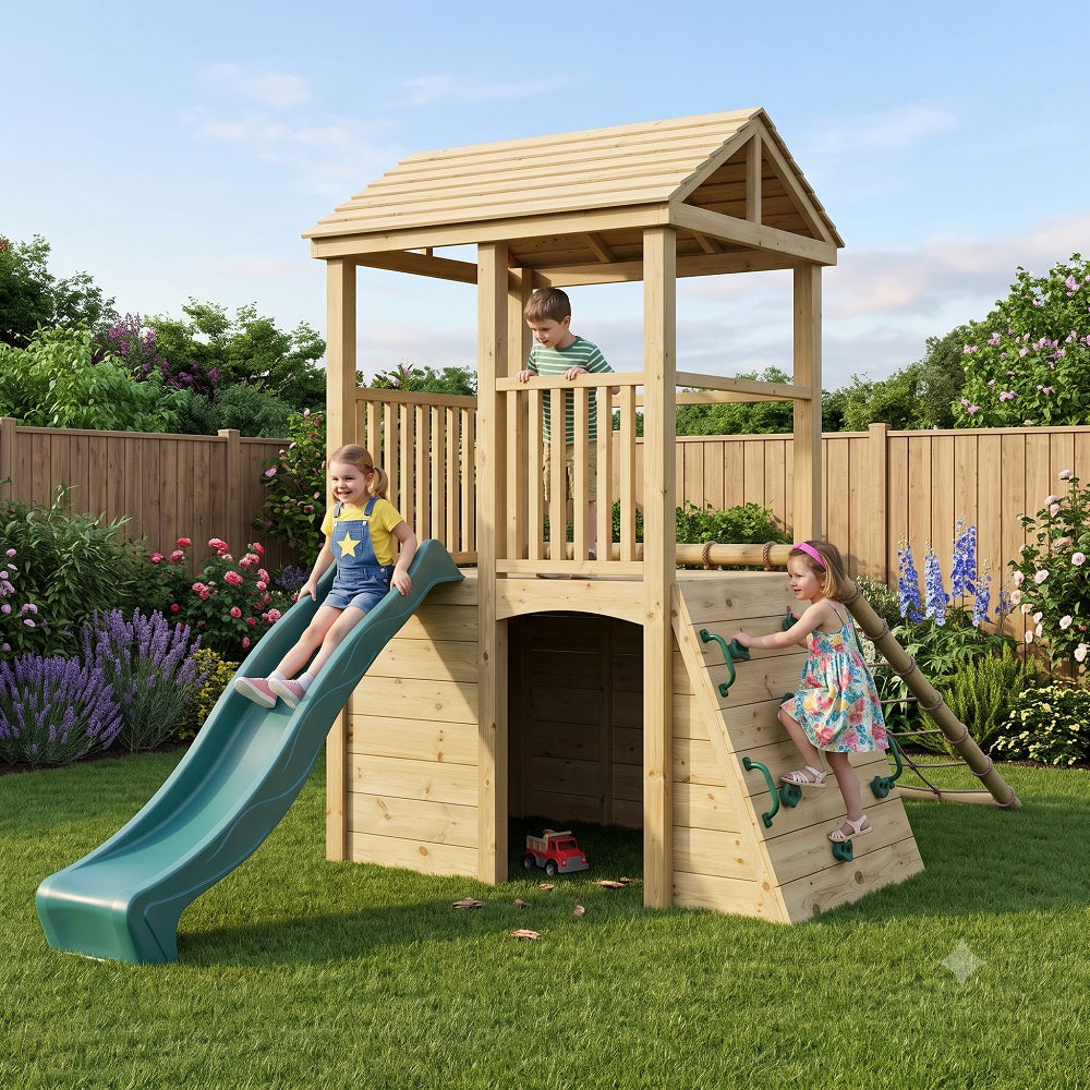 Kids Enjoy Wooden Climbing Frame for Kids and Wave Slide PlaySet