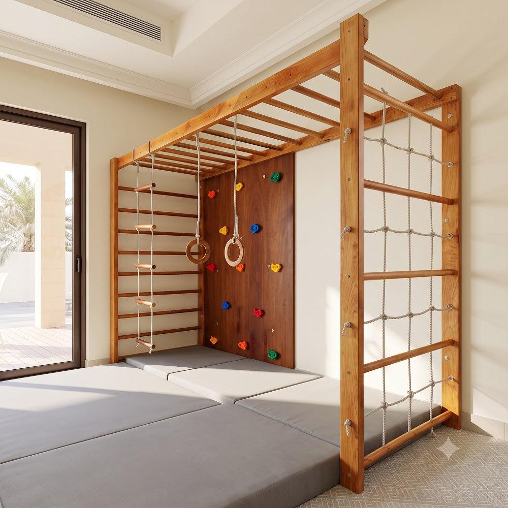 Front view of indoor and outdoor Wooden Climbing Frame With Monkey Bars home gym playset with activities for kids 