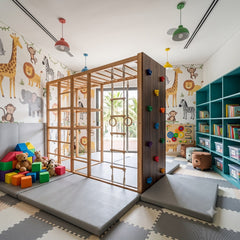 Back View of customised Wooden Climbing wall Frame With Monkey Bars in the Kids' Room