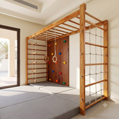 Front view of indoor and outdoor Wooden Climbing Frame With Monkey Bars home gym playset with activities for kids 