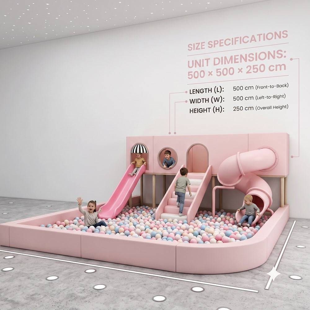 Pink indoor play area with slides, ball pit, and children playing 500 x 500 x 250 cms