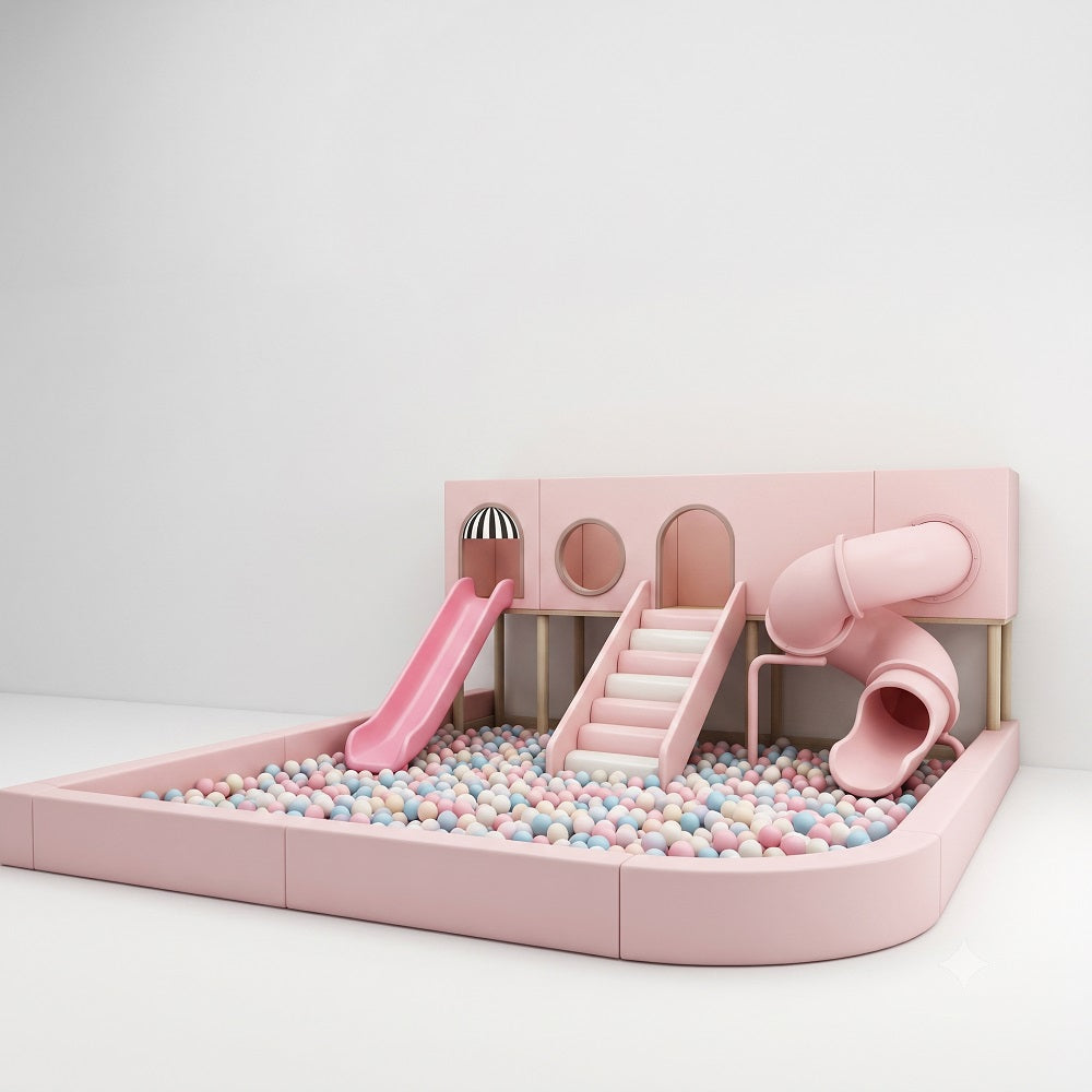 Front View of Pink indoor customised playset with slides, ball pit, and soft foam design