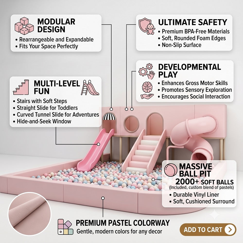 benefits of the Pink indoor playset with slides, ball pit, and soft foam design