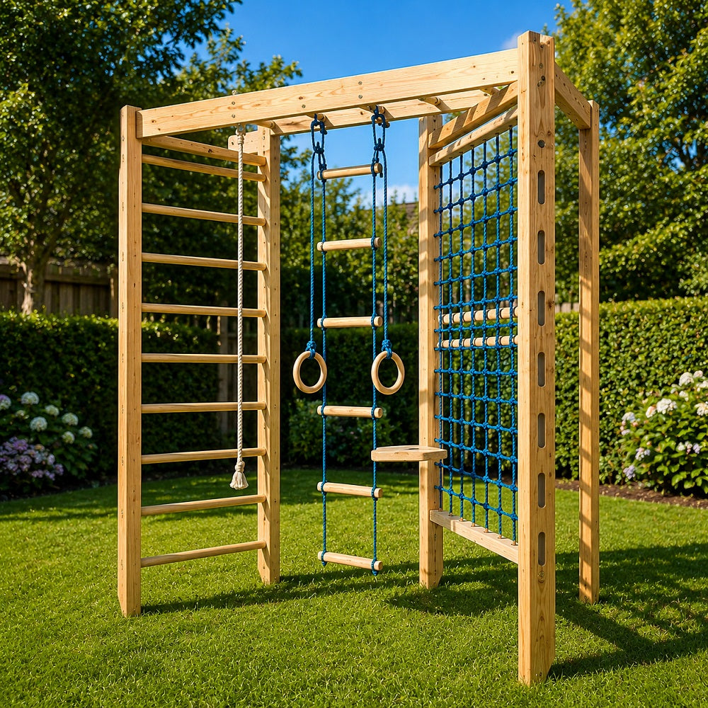 A left angle view wooden outdoor playground structure with a ladder, hanging rings, rope swing, climbing ladder, and rope net