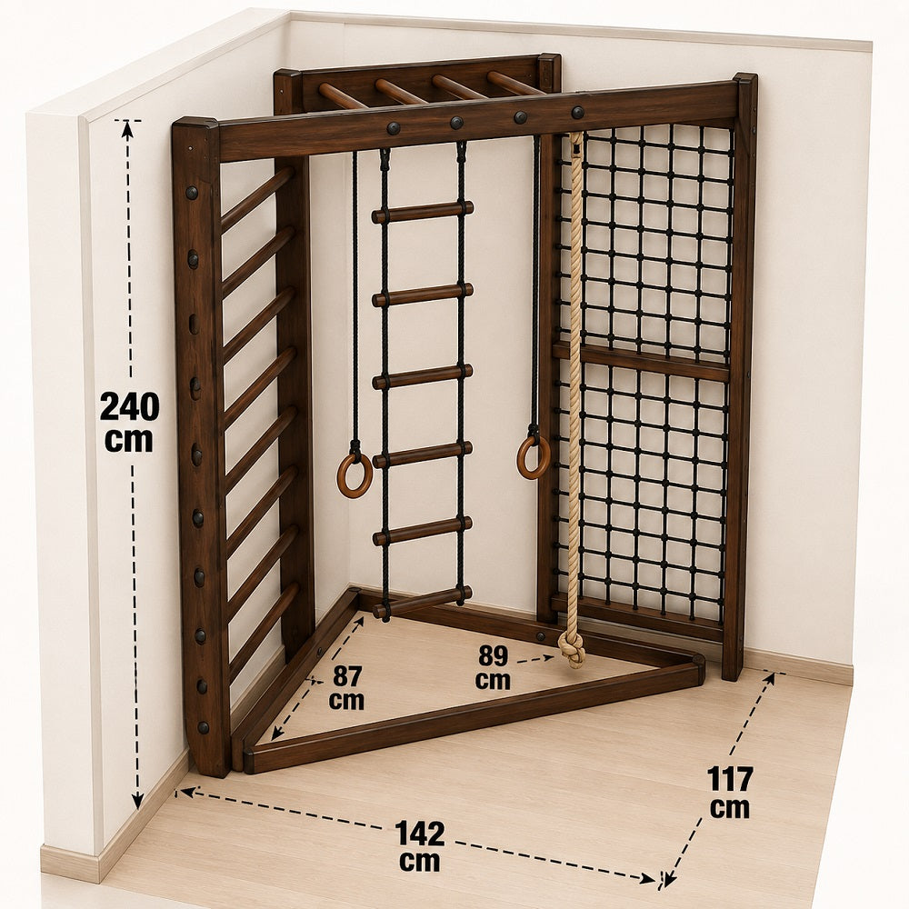 Dark brown wooden gym equipment set with dimensions