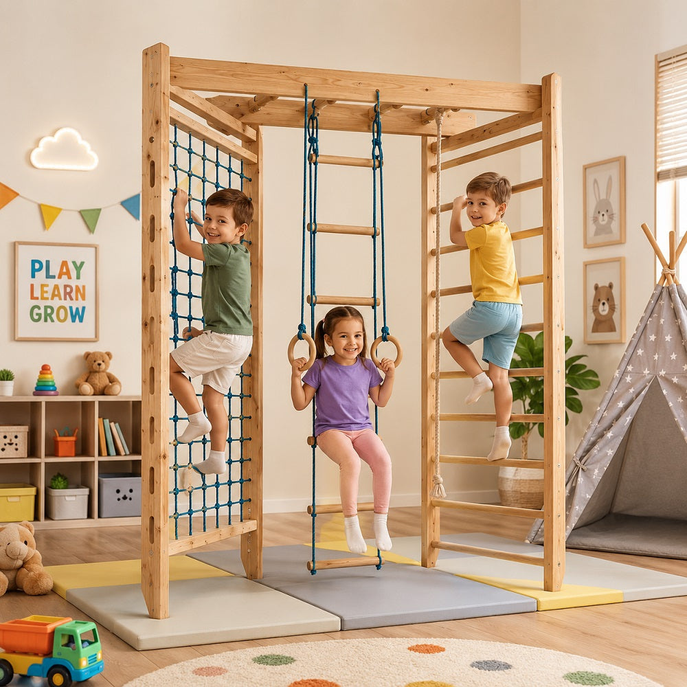 A kid's indoor wooden play gym with climbing walls, a rope net, and hanging rings 