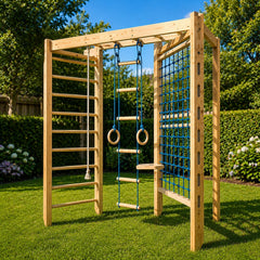 A left angle view wooden outdoor playground structure with a ladder, hanging rings, rope swing, climbing ladder, and rope net