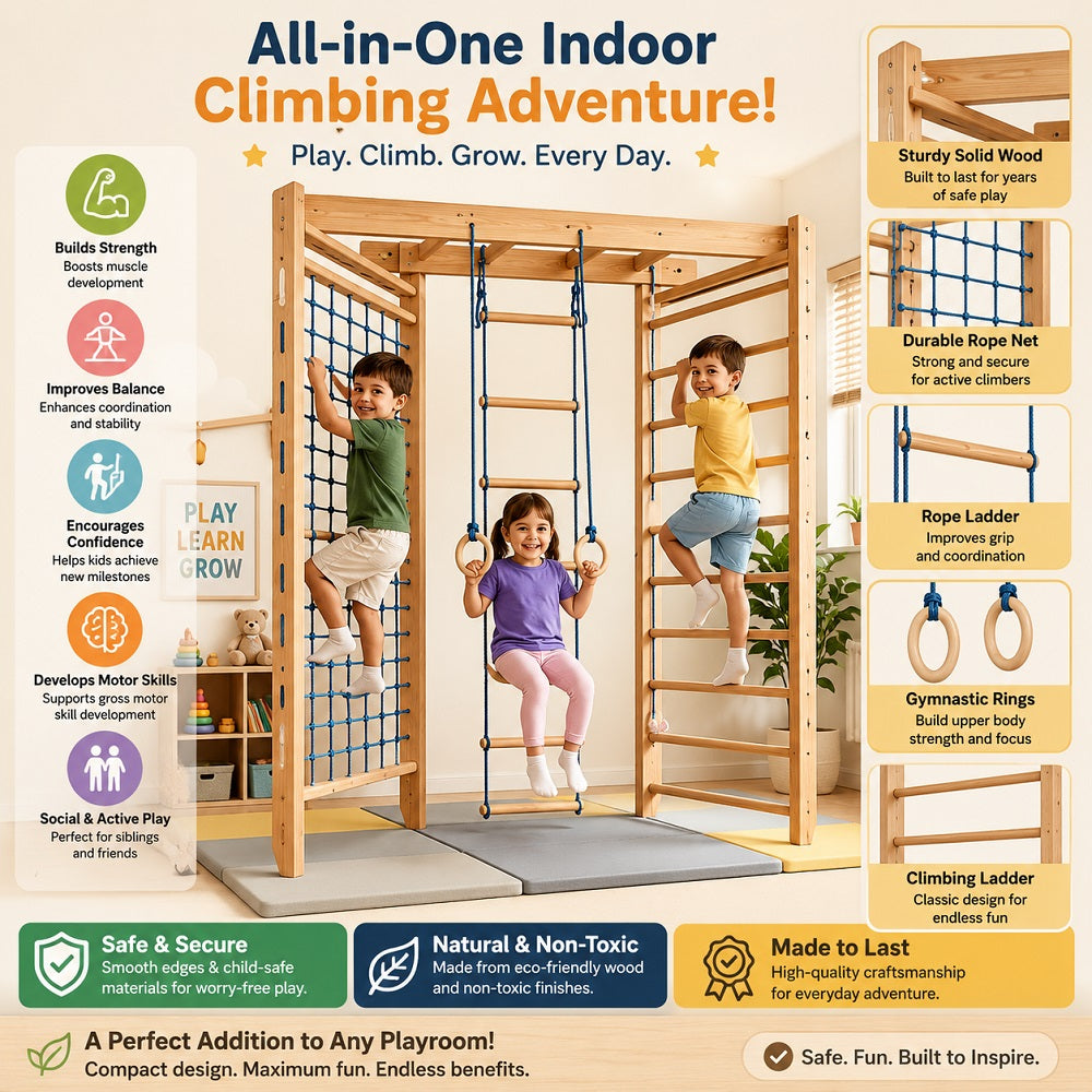 Wooden climbing gym playset with feature callouts
