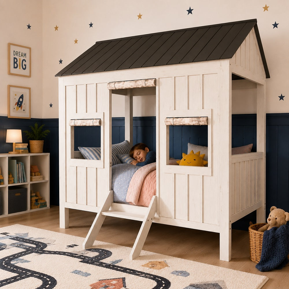 A wooden canopy standard bed for kids, a full-size wooden kids' bed in a styled bedroom