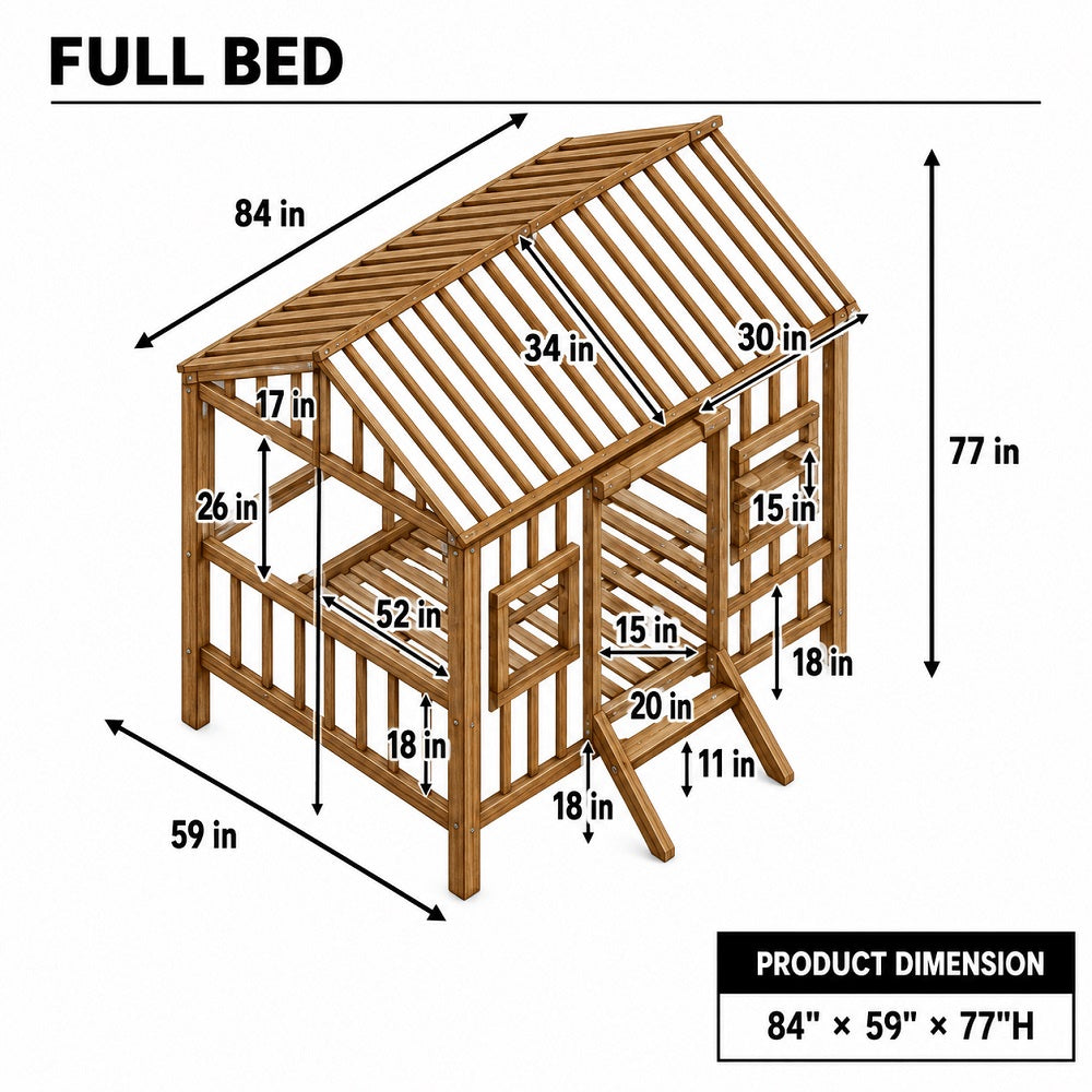 A dimension diagram of a wooden full bed frame