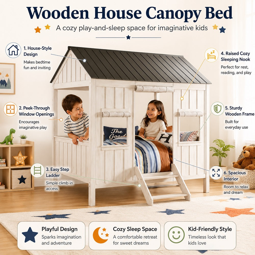 A children's wooden house canopy bed shown in a styled bedroom with details
