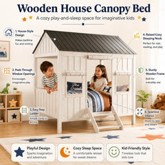 A children's wooden house canopy bed shown in a styled bedroom with details